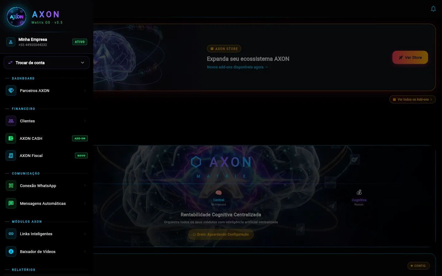 Menu de módulos AXON — CRM, WhatsApp, Fiscal, Links Inteligentes